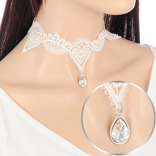 LRC Kalung Fashion White Water Drop Shape Diamond Decorated Hollow Out Choker