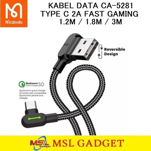 Cable Gaming MCDODO Type C Led 90 Fast Charging 2A Kabel Charger 1.2 Meter CA-5281