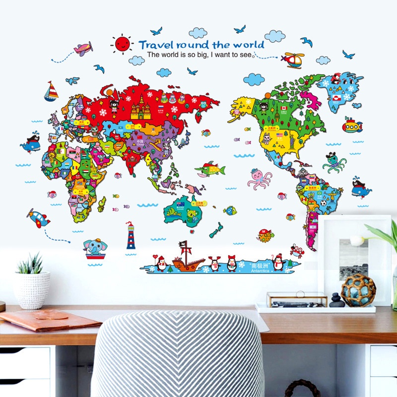 Colorful Cartoon Animal World Map Wall Stickers Modern Art Vinyl Decal Wall Mural