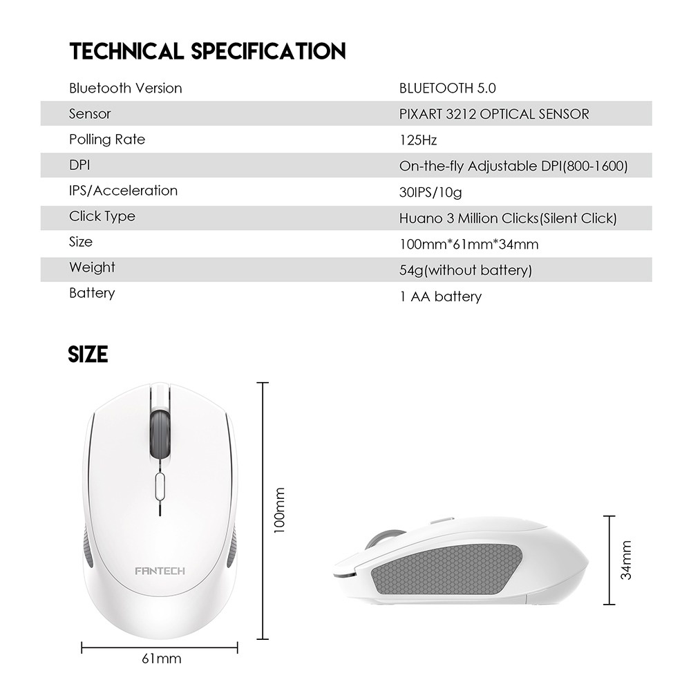 Mouse Wireless Fantech W190 Dual Mode (RF radio dan Bluetooth 5.0) postel