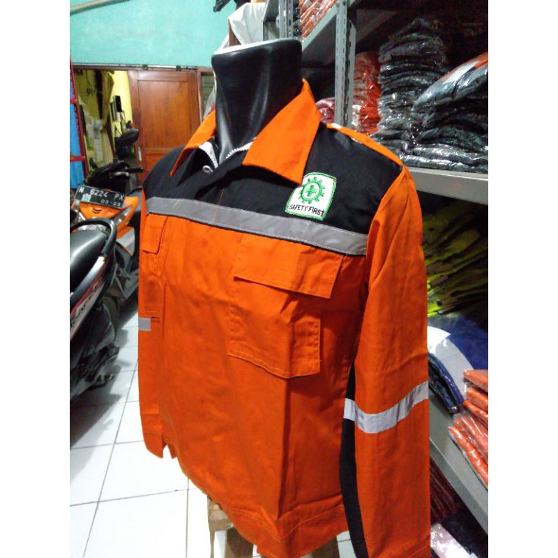 BAJU SAFETY SERAGAM KERJA ATASAN ORANYE HITAM FREE LOGO K3 BENDERA RESLETING