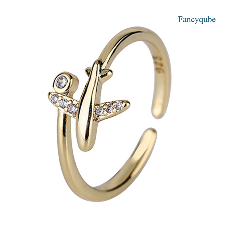 Fancyqube Perhiasan Cincin 925 Sterling Silver Model Terbuka Bentuk Pesawat Airport Aksen Zirkon Gaya Jepang Korea Untuk Wanita