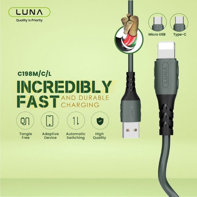 KD KABEL DATA LUNA MODEL C198C C198L C198M TYPE C LIGHTNING MICRO 2,4A FAST CHARGING