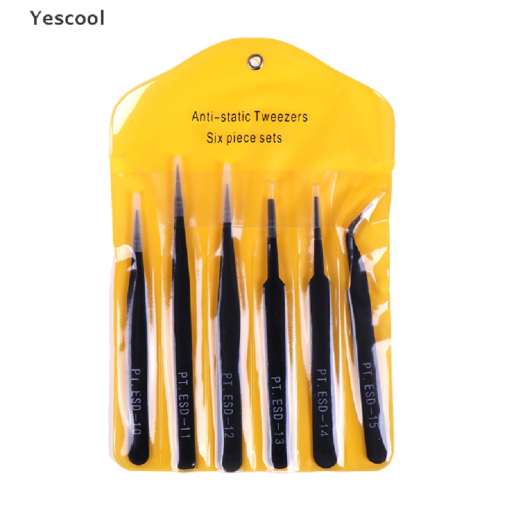 Yescool 6Pcs Pinset Lurus / Lengkung anti Statis Untuk Reparasi esd