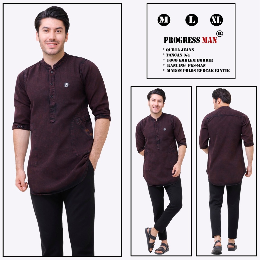 PROGRESS MAN baju koko jeans pria lengan tiga perempat koko kurta pangsi kemeja koko denim pria lengan tiga perempat kurta pangsi jeans baju kurta denim dewasa logo bordir Hijau washing P4N9S402