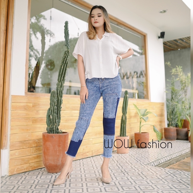 WOW-Mulan Celana Jeans  Highwaist Celana Jeans 7/9//Celana Wanita// Celana Kombinasi Wanita