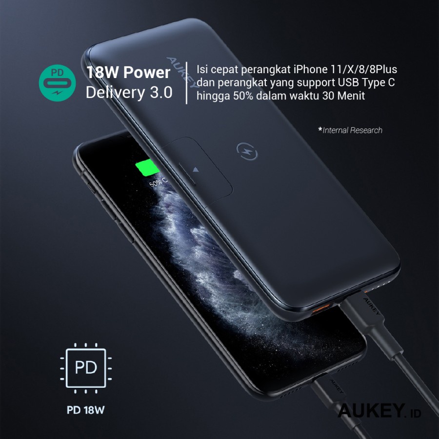 Aukey Powerbank PB-WL02 Wireless Charging 10000mAh with PD&amp;QC - 500491