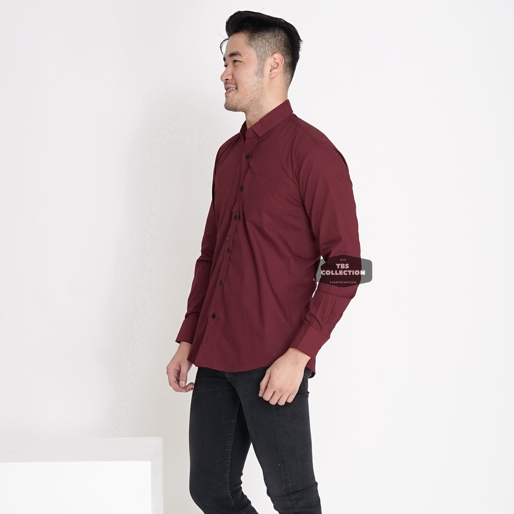 Kemeja Pria Lengan Panjang Polos Merah Maroon Kemeja Cowok Keren Casual Slimfit 3237