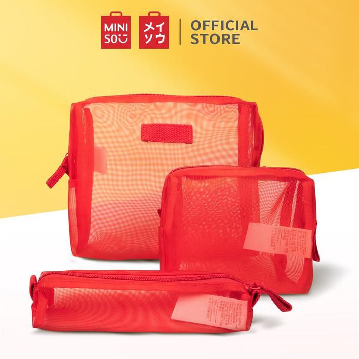 MINISO 3-Piece Storage Bag Tas Kosmetik Set Tas Perlengkapan Mandi Tah - Merah