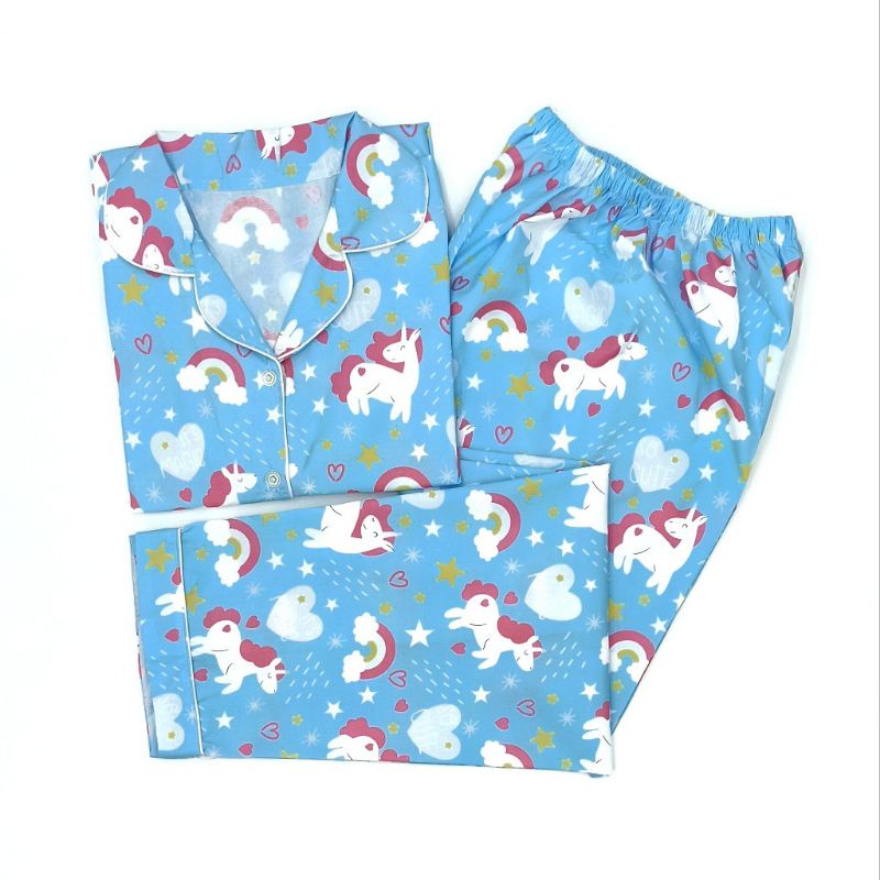 Baju Tidur Wanita / Piyama Wanita Tie Dye Set Motif Kekinian-Uniqorn Blue