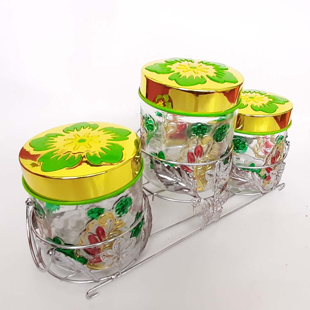 Toples Kaca lebaran untuk kue kering dan permen Set isi 3 pcs in one stand class Canister / TOPLES KACA + RAK