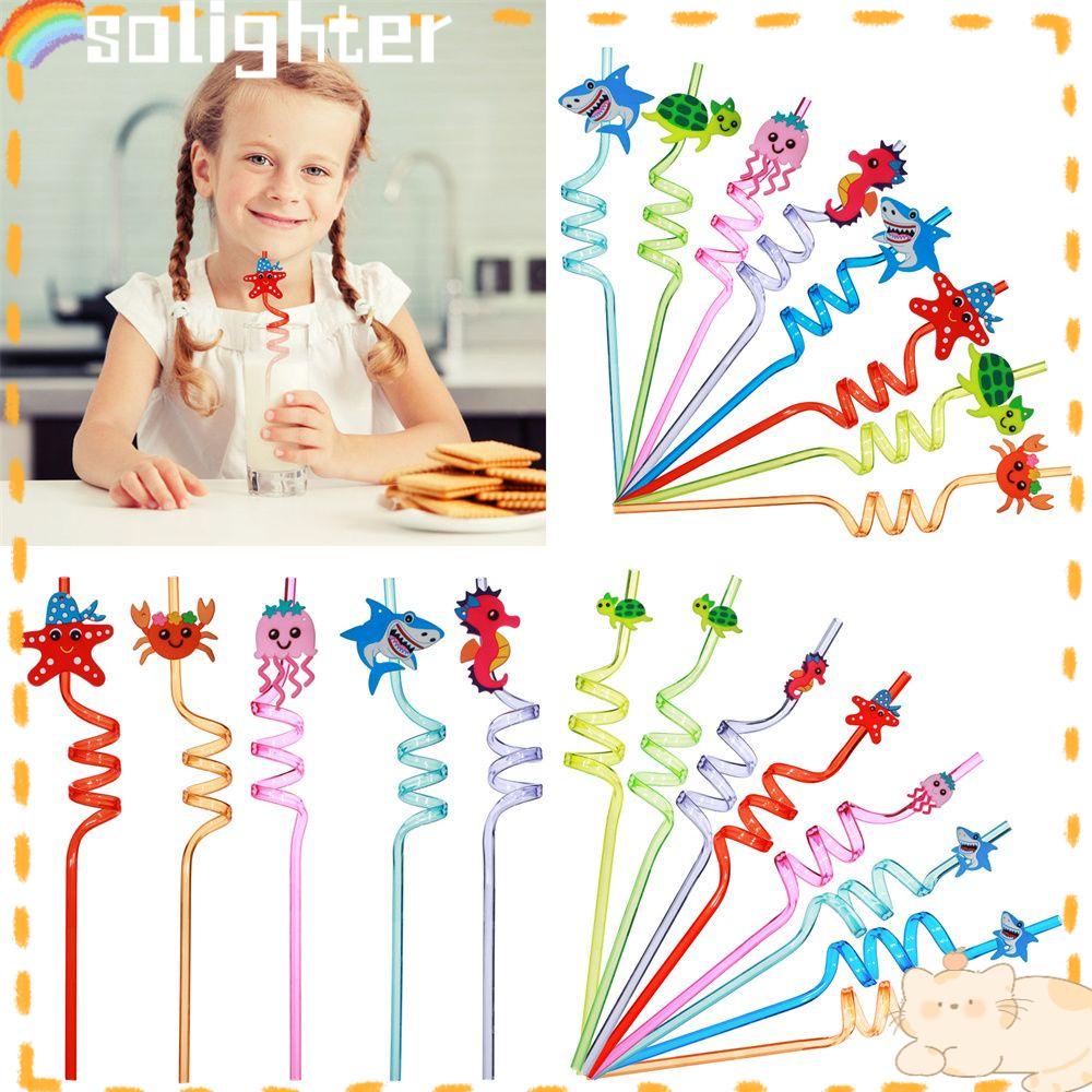 SOLIGHTER 8pcs Party Supplies Plastic Straws Birthday Ocean Animal Drinking Straws Cartoon Bending Straw Kids Gifts Party Decorations Reusable