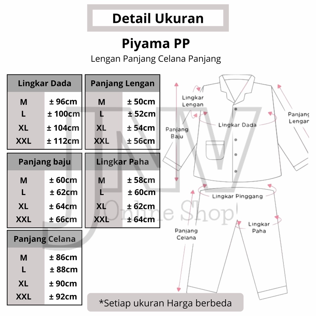 JNV Piyama PP Wanita Motif Kotak 2 - Baju Tidur Lengan Panjang - Bahan Katun Premium-5
