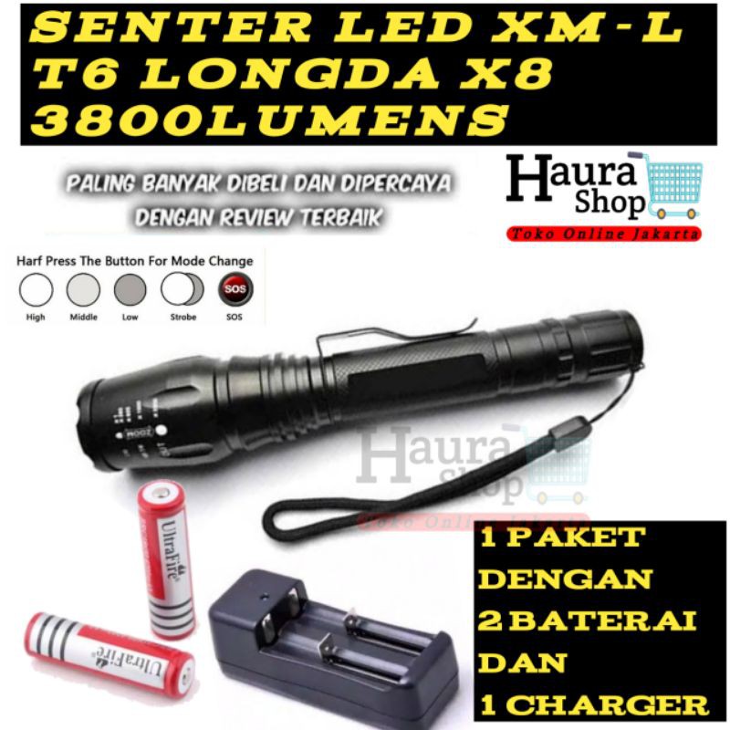 SENTER LED CREE XM-L T6 LONGDA X8 3800 Lumens 2 BATERAI DAN CHARGER SUPER TERANG JARAK JAUH