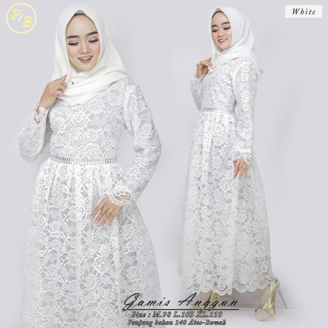 Gamis brukat anggun warna putih/gamis warna putih/gamis murah /gamis modern