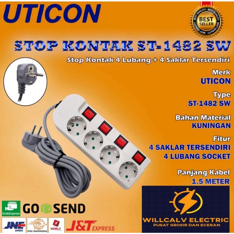 STOP KONTAK UTICON 4 LUBANG PLUS SAKLAR TERSENDIRI KABEL 1.5 METER  TERMINAL KUNINGAN ST - 1482 SW