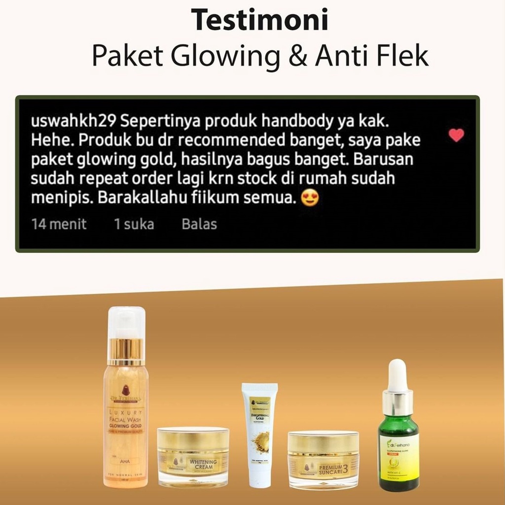 Paket Premium Glowing Gold dr. Ferihana Cosmetics &amp; Skincare Merupakan Paket Perawatan Wajah untuk Kulit Normal Kering Kombinasi yang Mampu Mencerahkan Memudarkan Flek Sekaligus Sebagai Anti Aging