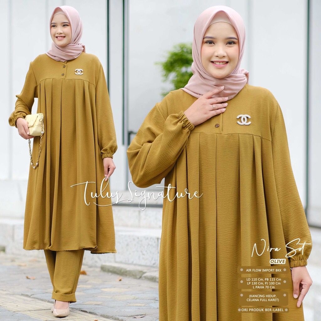 setcel cringkel airflow motif polos[ nira set ] oneset long tunik wanita kekinian | set celana viral