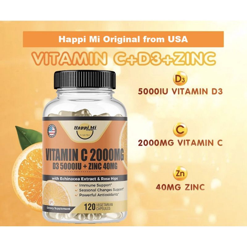 Happi Mi Vitamin C 2000mg D3 5000iu Zinc 40mg with Extra Echinacea and Rose Hips
