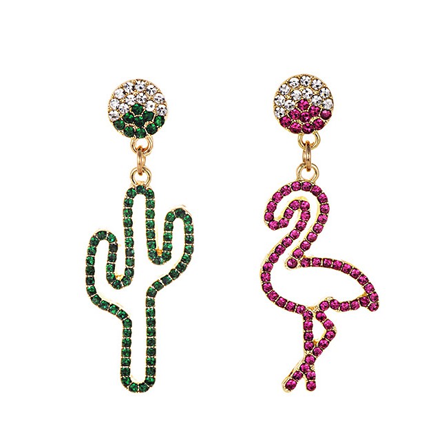 LRC Anting Tusuk Fashion Green + Red Alloy Diamond Asymmetric Cactus Ostrich Stud Earrings F63417