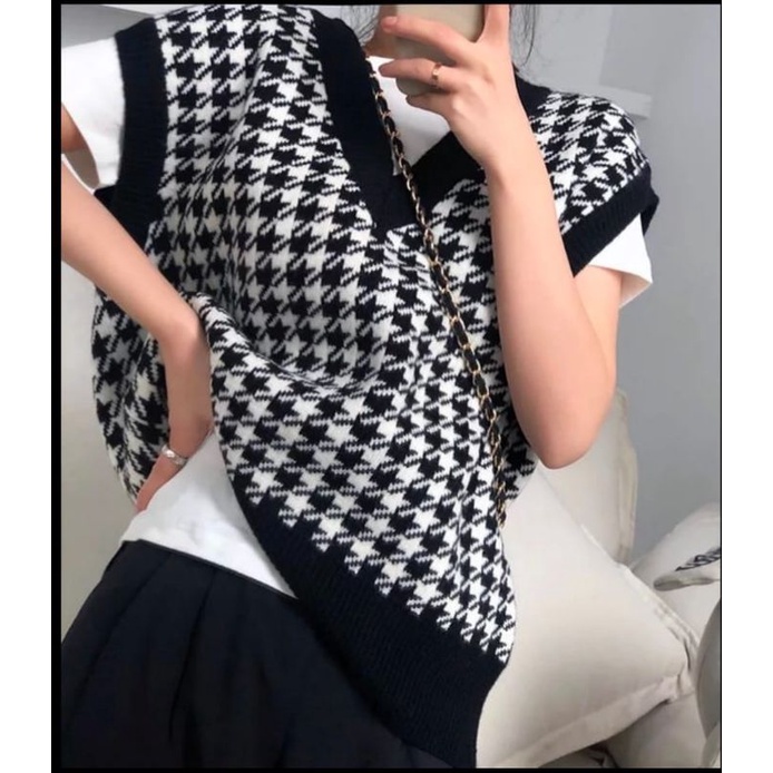 Jennie Vest Rajut / Rompi Houndstooth Rajut / ROMPI RAJUT TEBARU