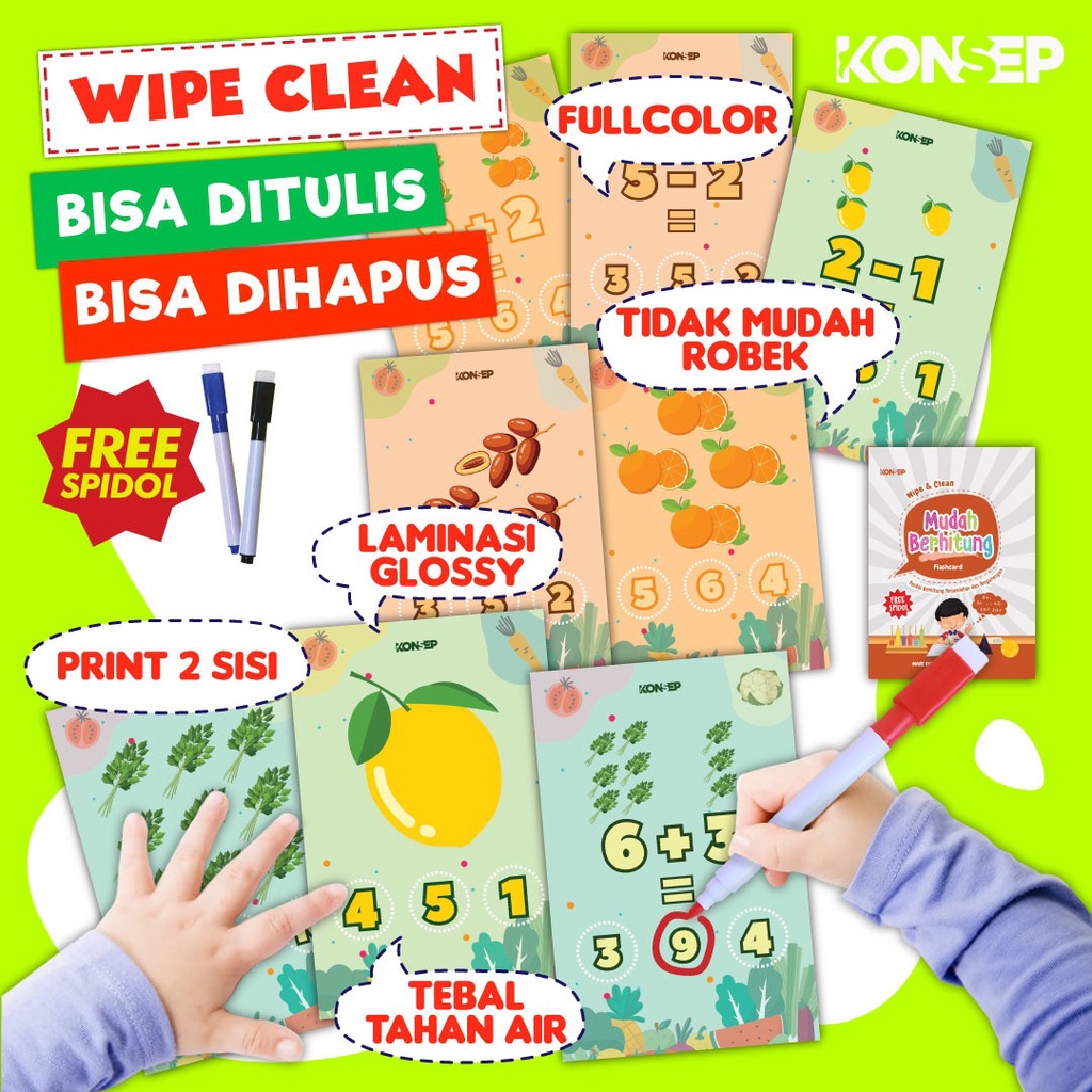 [FREE SPIDOL] Konsep Flashcard Wipe and Clean Mudah Berhitung / Flash Card / Mainan Edukasi