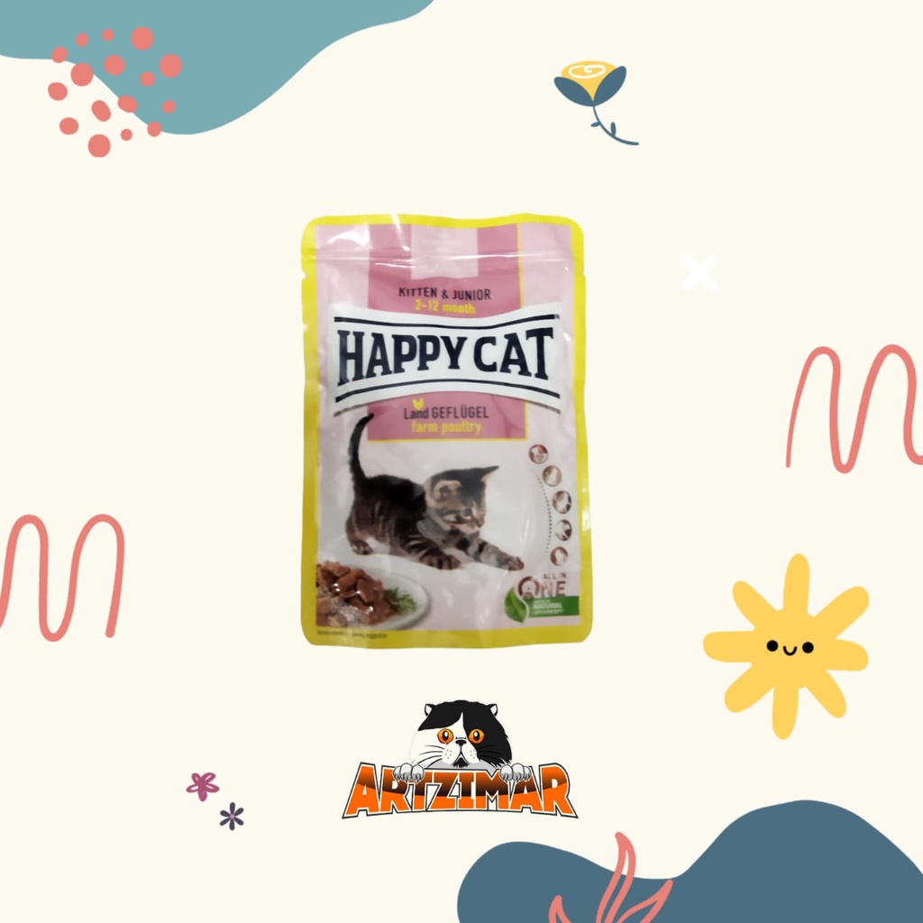 Happy Cat Makanan Kucing Basah Kitten &amp; Junior Farm Poultry POUCH