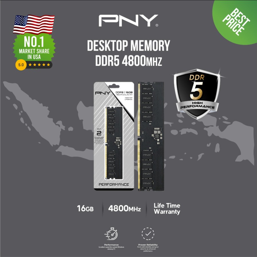 Ram PC PNY DDR5 8GB, 16GB 4800Mhz PC38400 LONGDIMM Memory