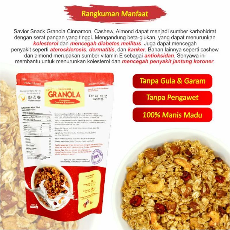 GRANOLA CRUNCHY CINNAMON CASHEW ALMOND - SEREAL MAKANAN SEHAT SARAPAN PRAKTIS BERGIZI TINGGI NUTRISI BAHAN ORGANIK ALAMI TANPA PENGAWET - HIGH QUALITY - SAVIOR SNACK - GRANOLA SWEET HONEY 120g