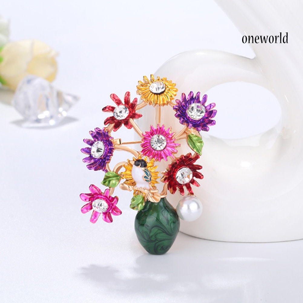 OW@ Fashion Women Flower Vase Rhinestone Inlaid Brooch Pin Corsage Lapel Jewelry