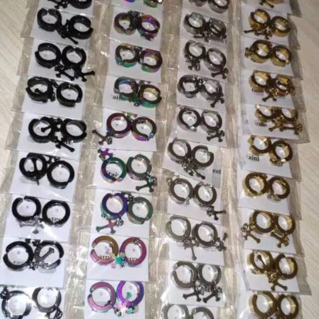 ISI 12 PASANG ANTING JEPIT TITANIUM MODEL SALIB