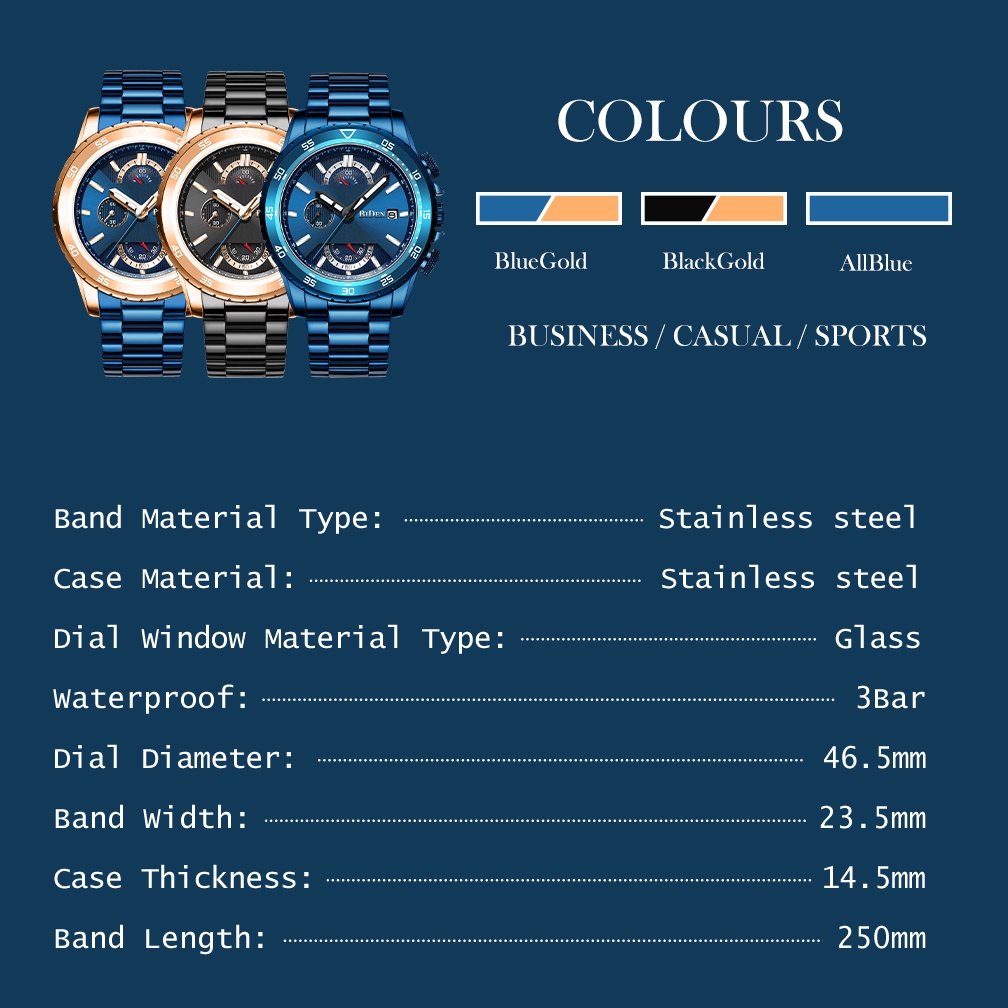 BIDEN Jam Tangan Pria Bisnis Santai Multifungsi Tanggal Otomatis Kronograf Tahan Air Kuarsa Jam Tangan