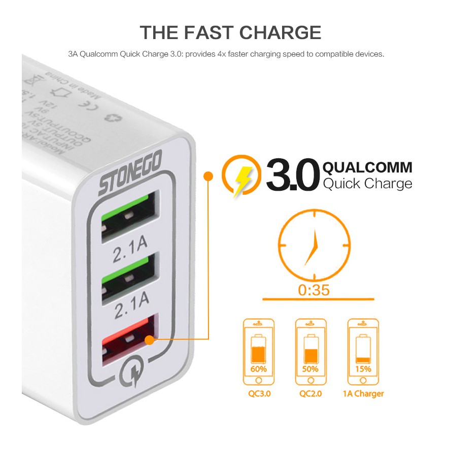 Charger USB STONEGO 3 port Quick Charge 18W Output