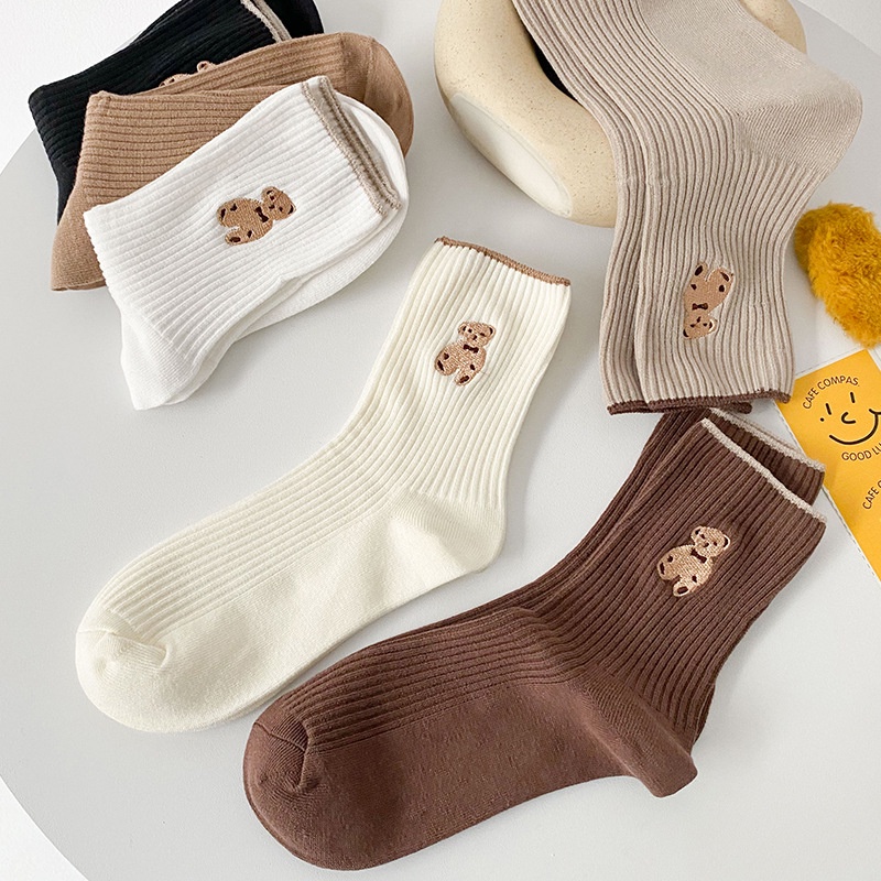 [littlecrab] Kaos Kaki Teddy Bear Panjang Coklat Hitam Panjang Women Socks Import Kaos Kaki Beruang Berkualitas Korean Style