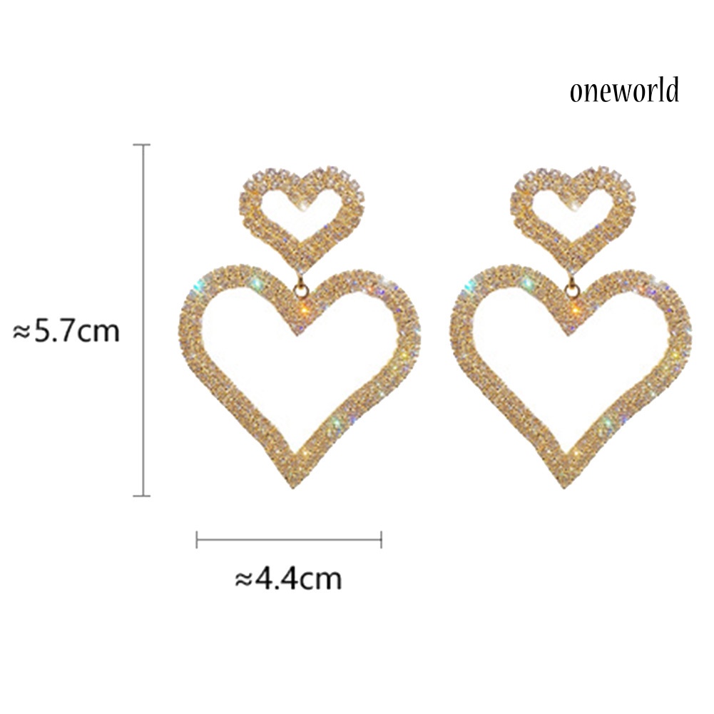 OW@ Luxury Full Rhinestone Hollow Dual Love Heart Women Stud Earrings Jewelry Gift