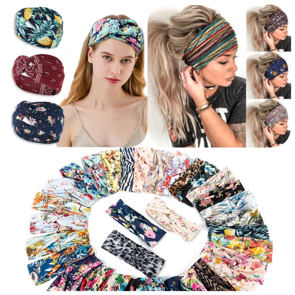 Fashion Bando  bandana Hairband Versi Korea dari macan tutul print bunga baru bertepi lebar cross hairband wanita headband printing rajutan sorban kasual penyerap keringat