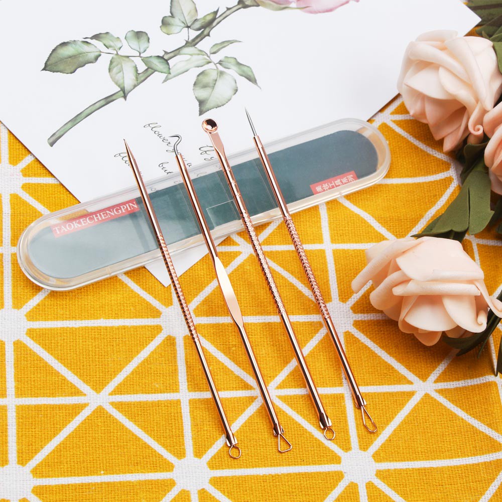 MAANGE 4Pcs/Set Pinset Komedo Stainlees Steel / Pinset Jerawat / Jepitan Komedo / Blackhead Tweezer Untuk Menghilangkan Komedo Penghilang Jerawat Pinset Dengan Kotak Alat Pembersih3003