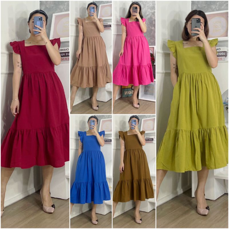 ⚡️ SALE ⚡️ PREMIUM ♡ ORIGINAL ! ALLECIA STABILO VINTAGE PLAIN RUFFLE LESS SLEEVE TRAP  MIDI LAYER DRESS