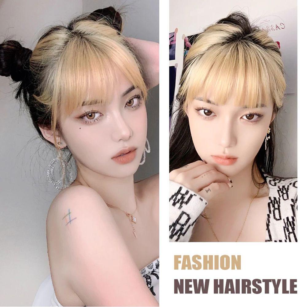 Mxbeauty 3D Air Bangs Piece Wanita Ekstensi Rambut Hitam Ombre Emas Bergaya Palsu Poni Klip