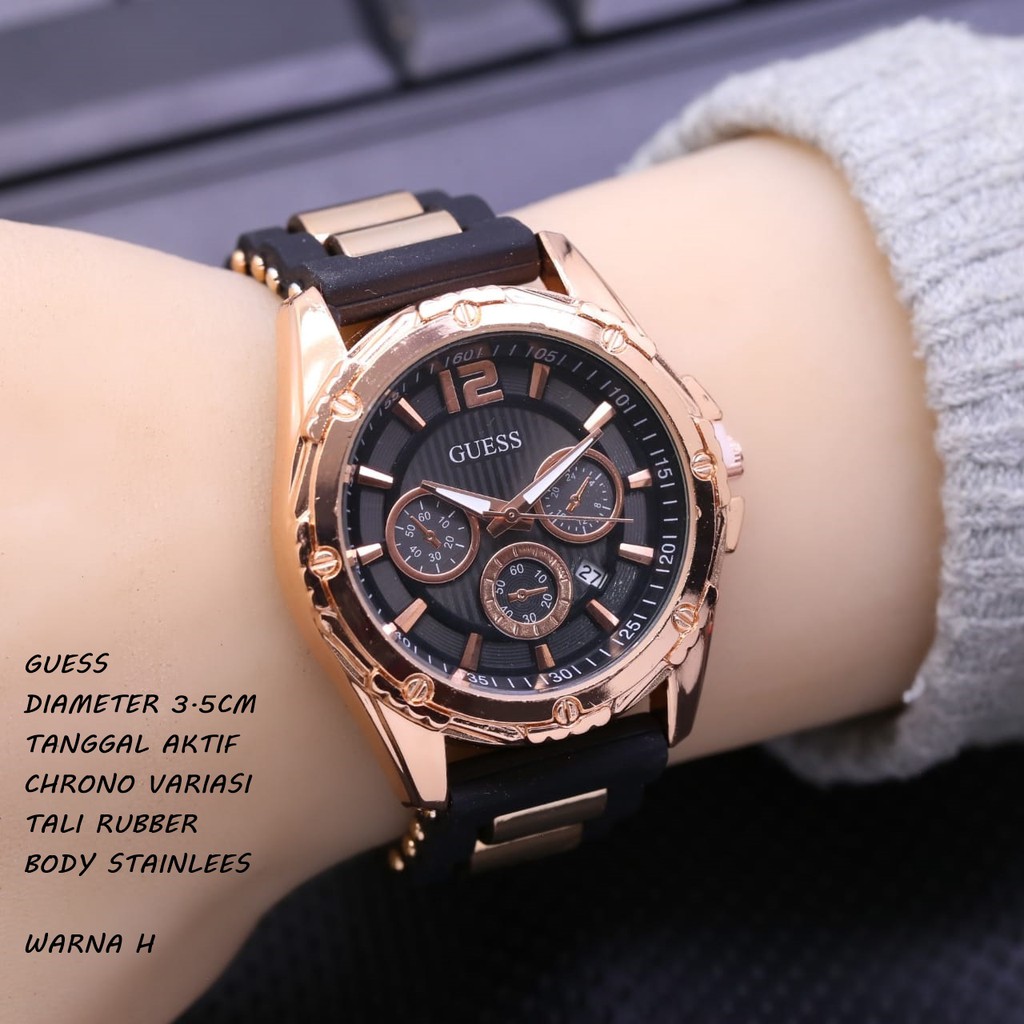 Jam Tangan Wanita/Cewek Guess Tali Rubber Tanggal Aktif Chrono Variasi