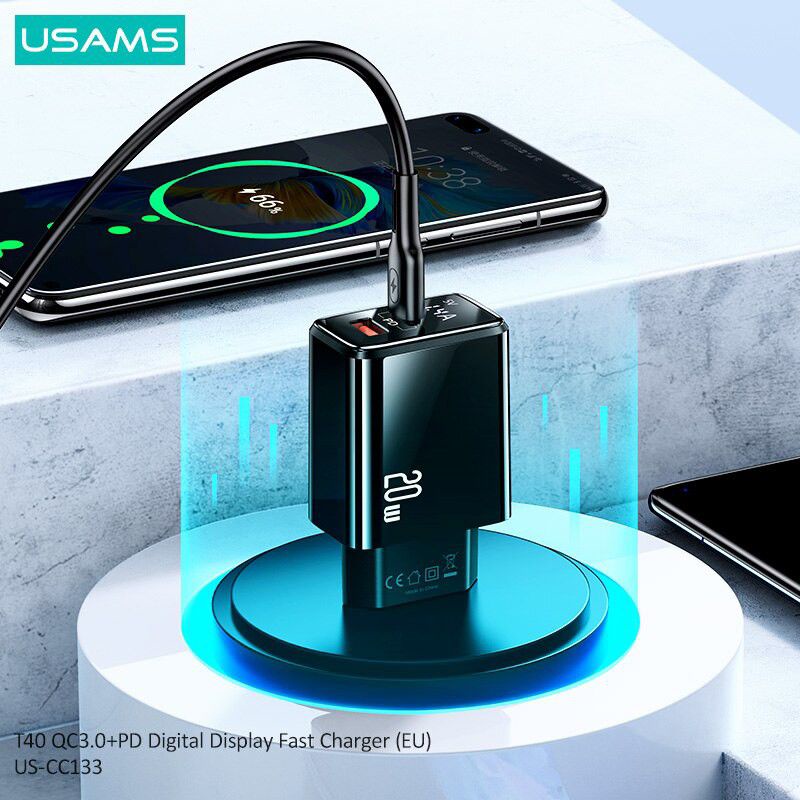 USAMS T40 Charger Fast Charge Digital Display PD20W + QC3.0