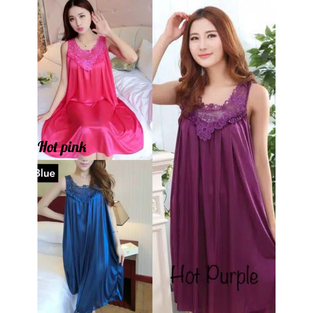 SH210 Baju Tidur Dress Baby Doll Piyama Satin Sutra Motif Happy / Pakaian Tidur Lembut