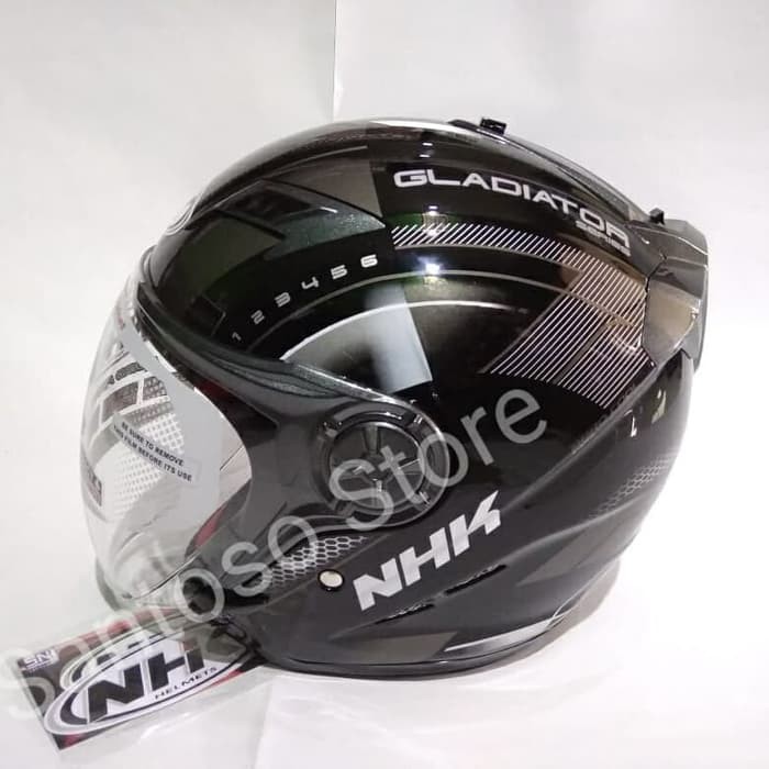 Helm Half Face Dewasa NHK Gladiator Indy Black Silver Hitam Silver