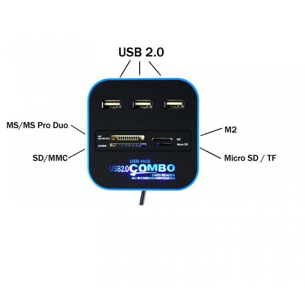 Combo Multi Card Reader + 3 USB HUB 2.0 Splitter [Hitam]