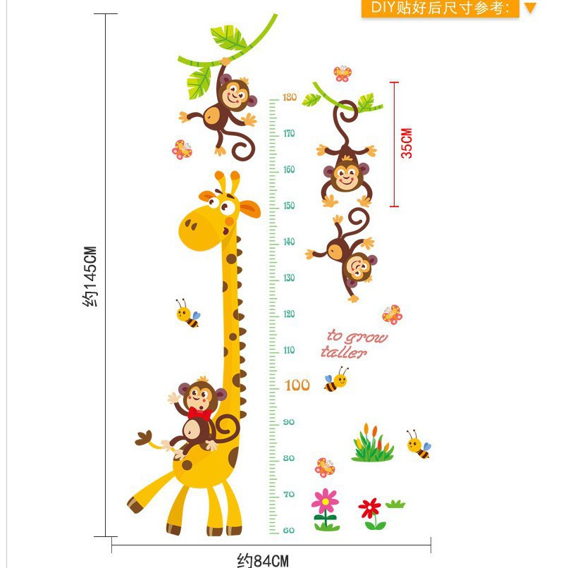 RELIZA WALL STICKER PENGUKUR TINGGI BADAN JERAPAH MONKEY ANAK GROW UP STIKER DINDING SK9292