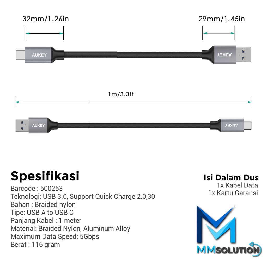 AUKEY CB-CD2 Kable Data Quick Charge 3.0 USB A to Type C Braided Nylon