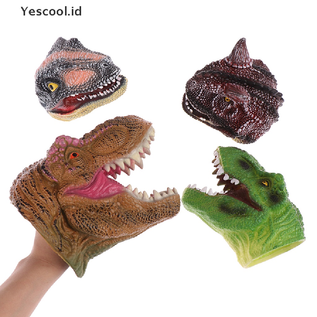 (Yescool) 1pc Mainan Boneka Puppet Tangan Bentuk Kepala Dinosaurus Bahan Karet Vinyl Lembut