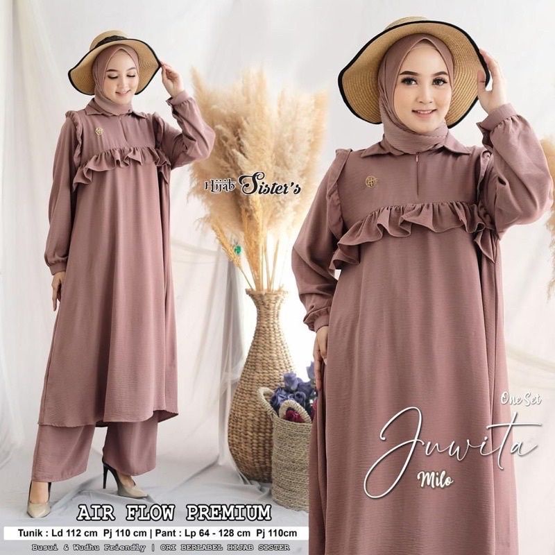 JUWITA SET CRINKLE AIRFLOW LONG TUNIK JUMBO / SETELAN TUNIK CRINKLE / SETELAN RENDA DADA / ONE SET W