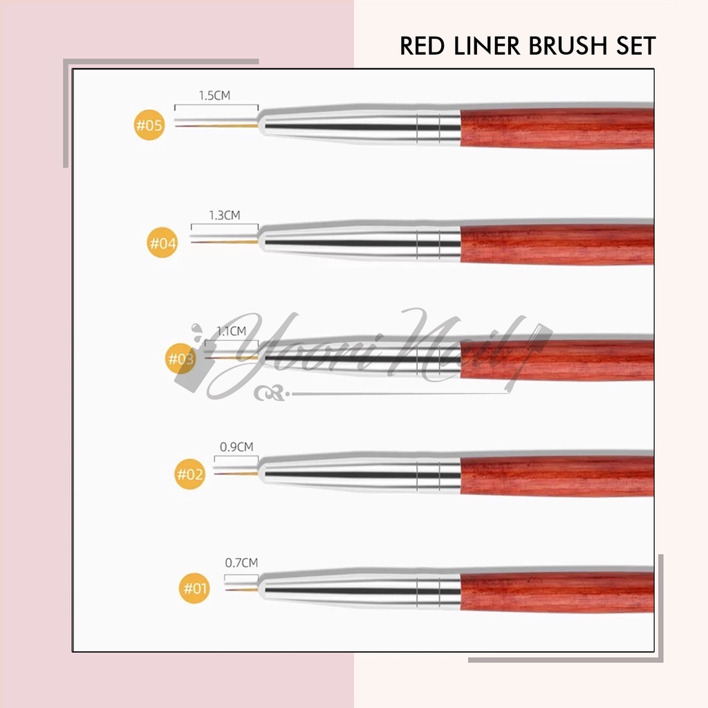 Red liner brush set 5pcs kuas nailart brush stripe nail kuas kuku painting gel line