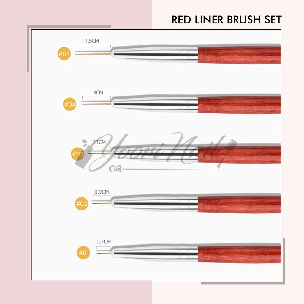 Red liner brush set 5pcs kuas nailart brush stripe nail kuas kuku painting gel line